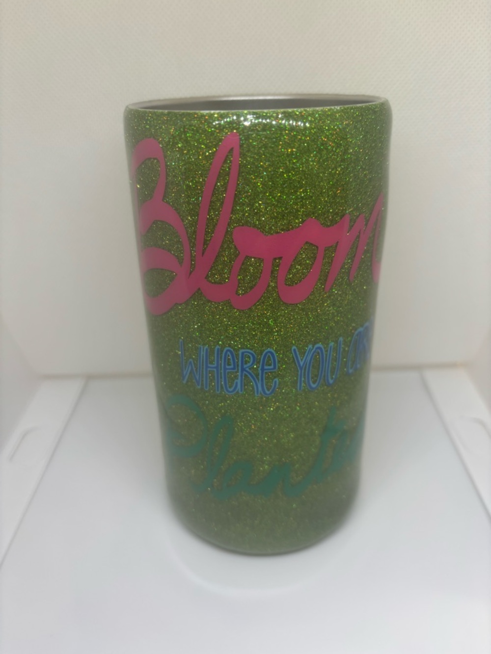 Green Glitter Tumbler with Pink Script